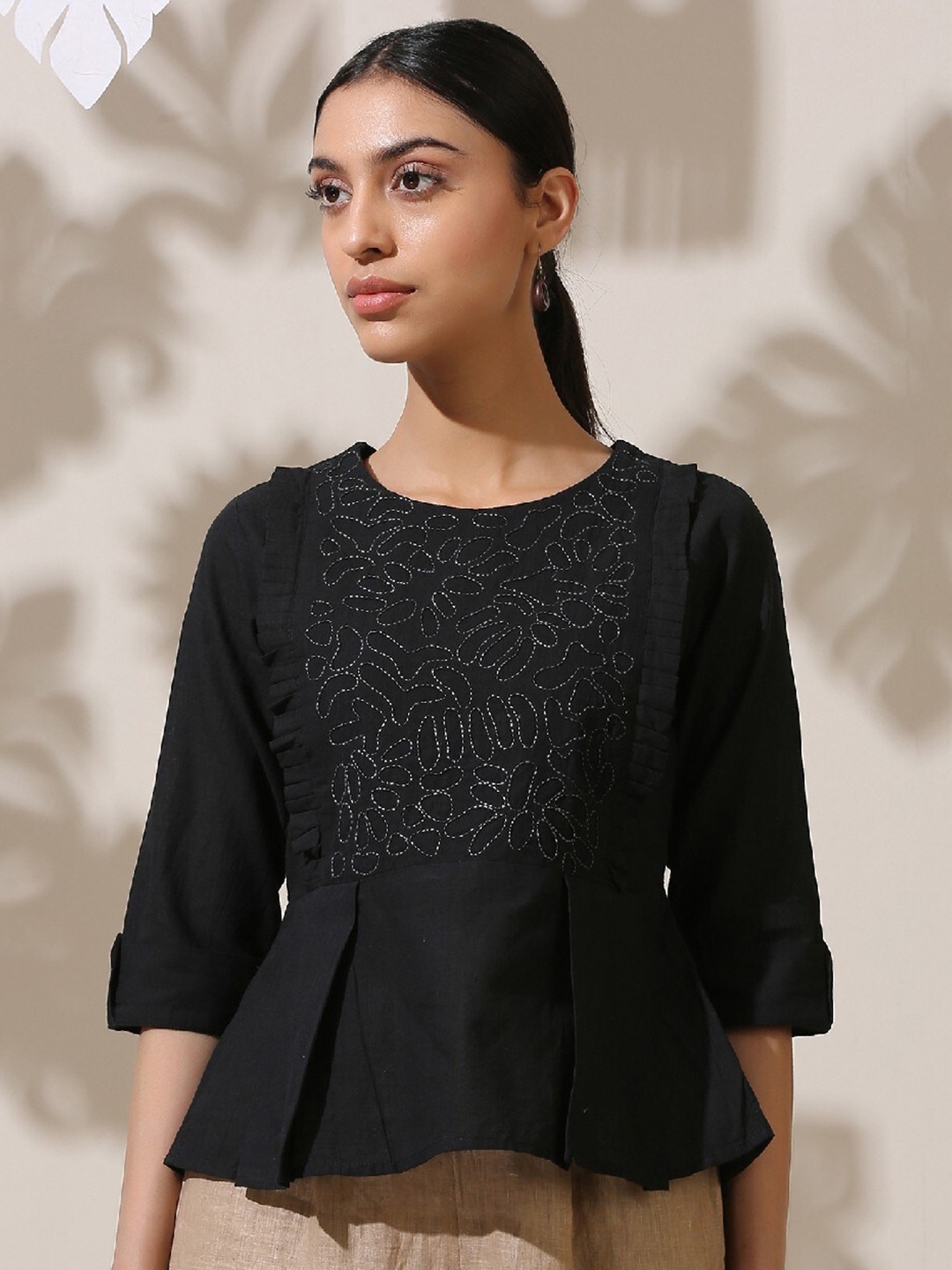 

OKHAI Self Design Peplum Top, Black