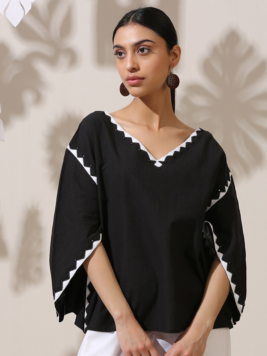 

OKHAI V-Neck Kaftan Cotton Top, Black