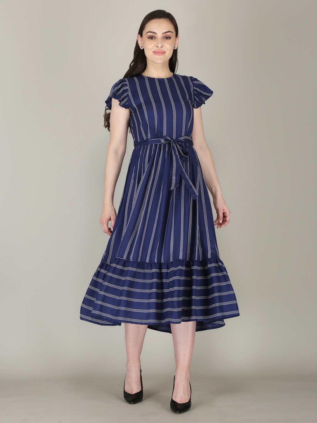 

FLAMBOYANT Striped A-Line Midi Dress, Navy blue