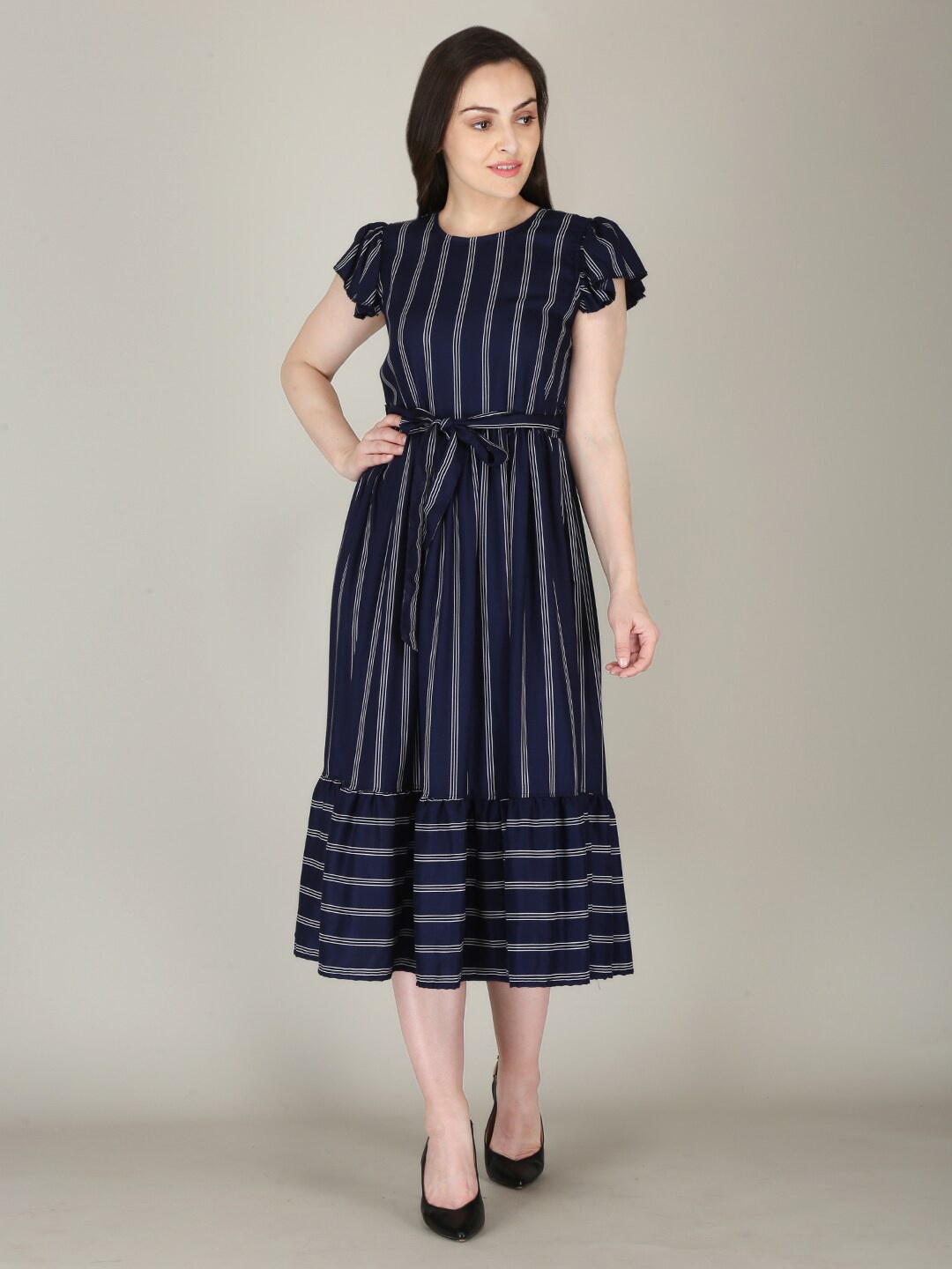 

FLAMBOYANT Striped A-Line Midi Dress, Navy blue