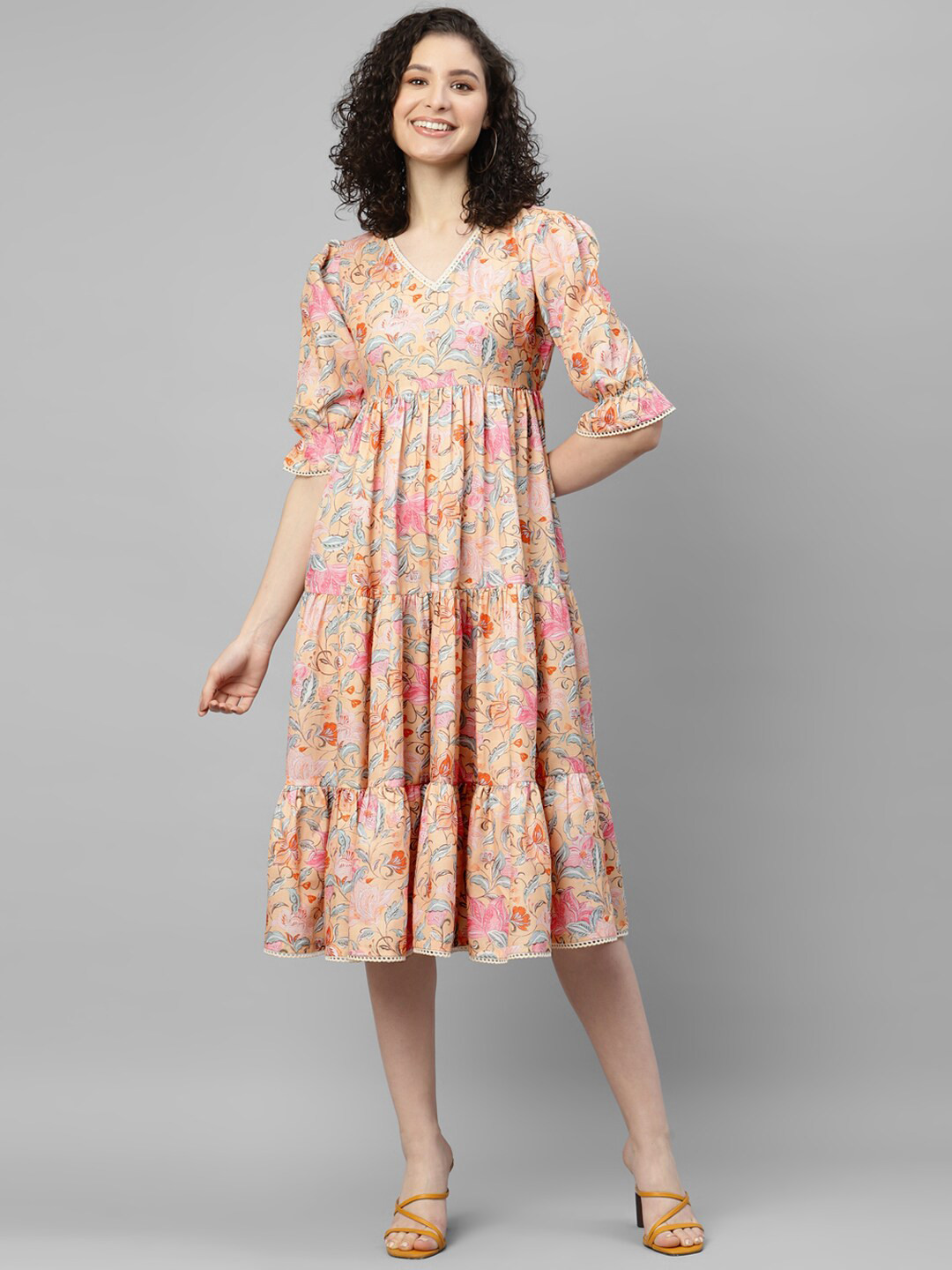 

DEEBACO Floral Printed Empire Midi Dress, Yellow