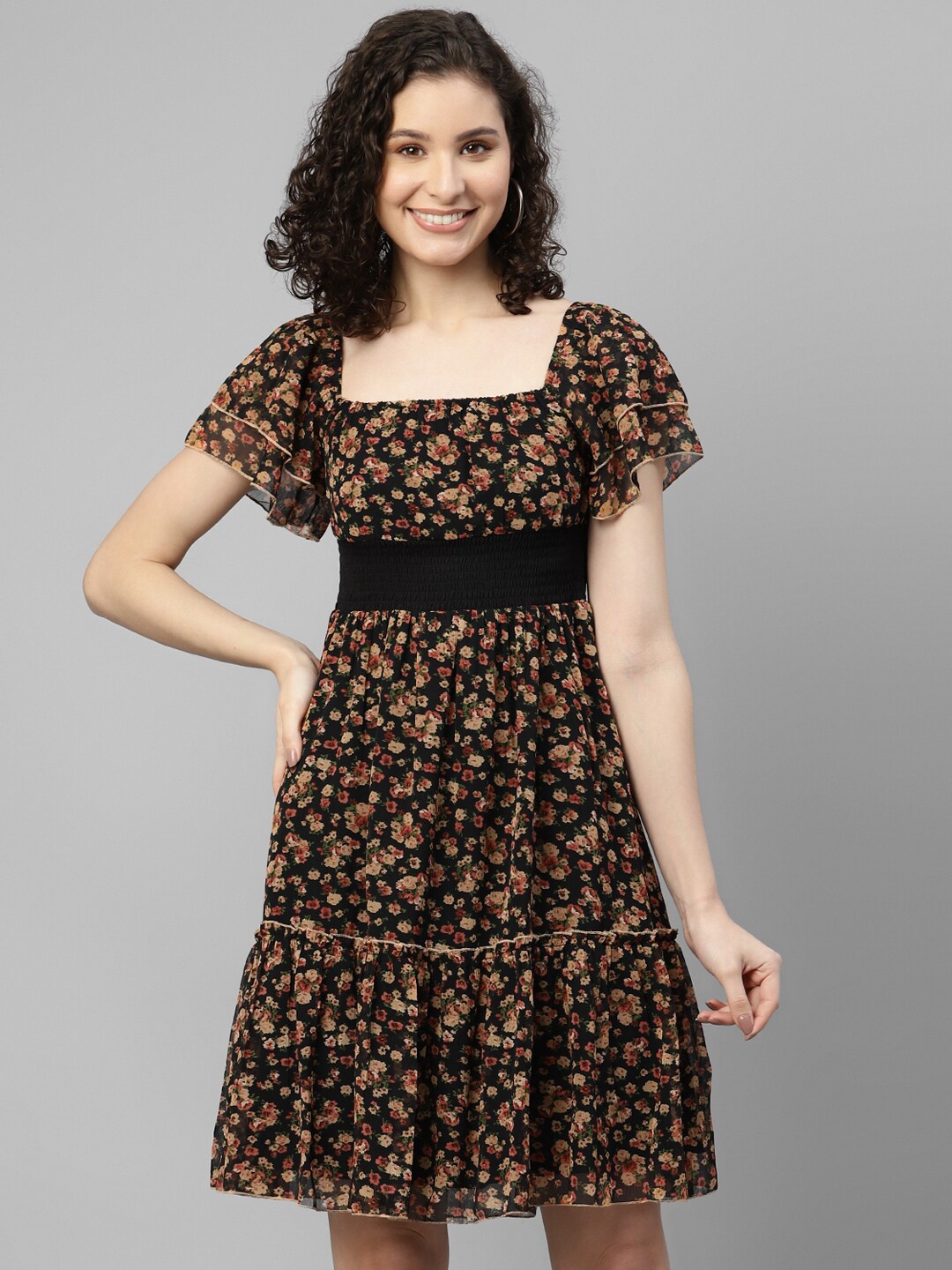 

DEEBACO Floral Printed Smocked Georgette Fit And Flare Dress, Black