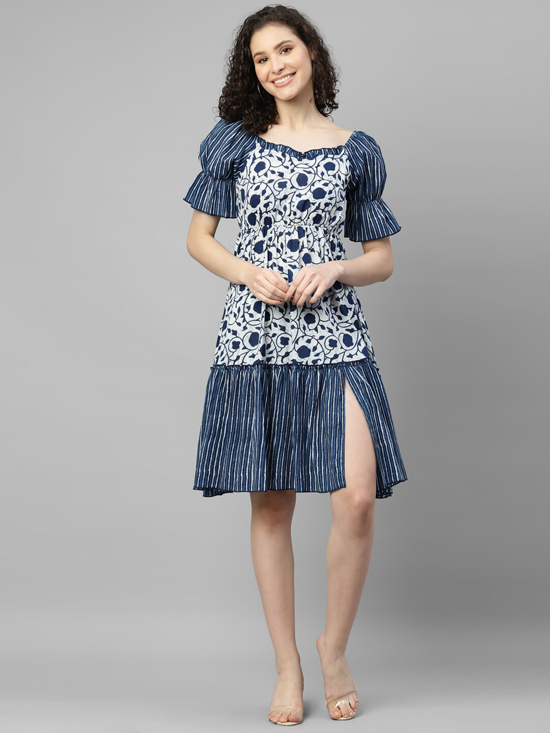 

DEEBACO Floral Printed Puff Sleeves Cotton Drop-Waist Dress, Navy blue