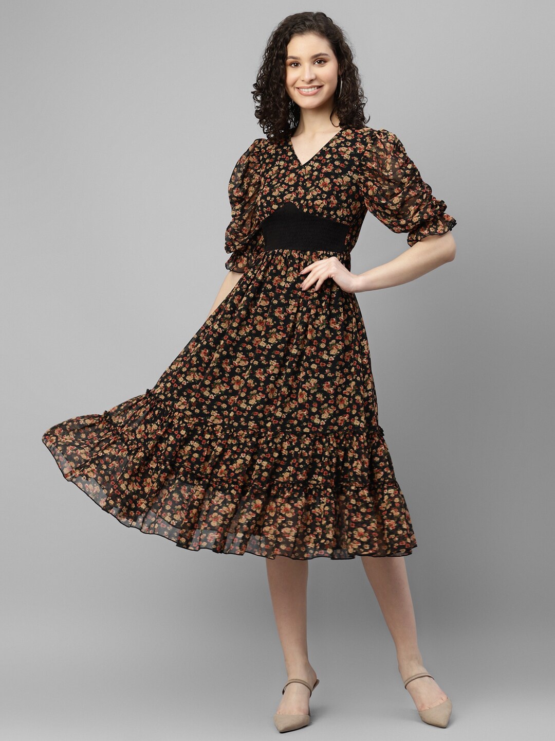 

DEEBACO Floral Printed Smocked Georgette Fit And Flare Dress, Black