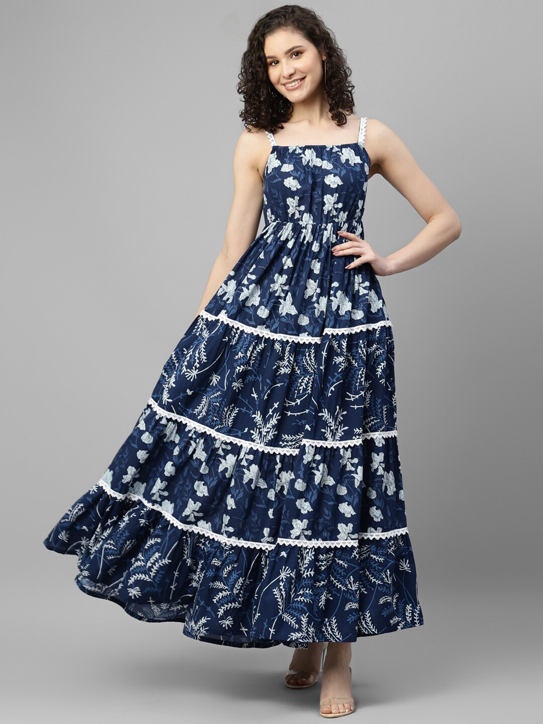 

DEEBACO Floral Printed Shoulder straps Cotton Maxi Dress, Navy blue