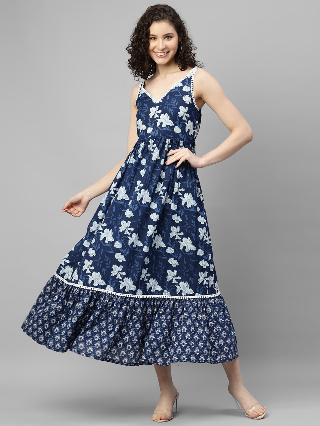 

DEEBACO Floral Printed Sleeveless Cotton Maxi Dress, Navy blue