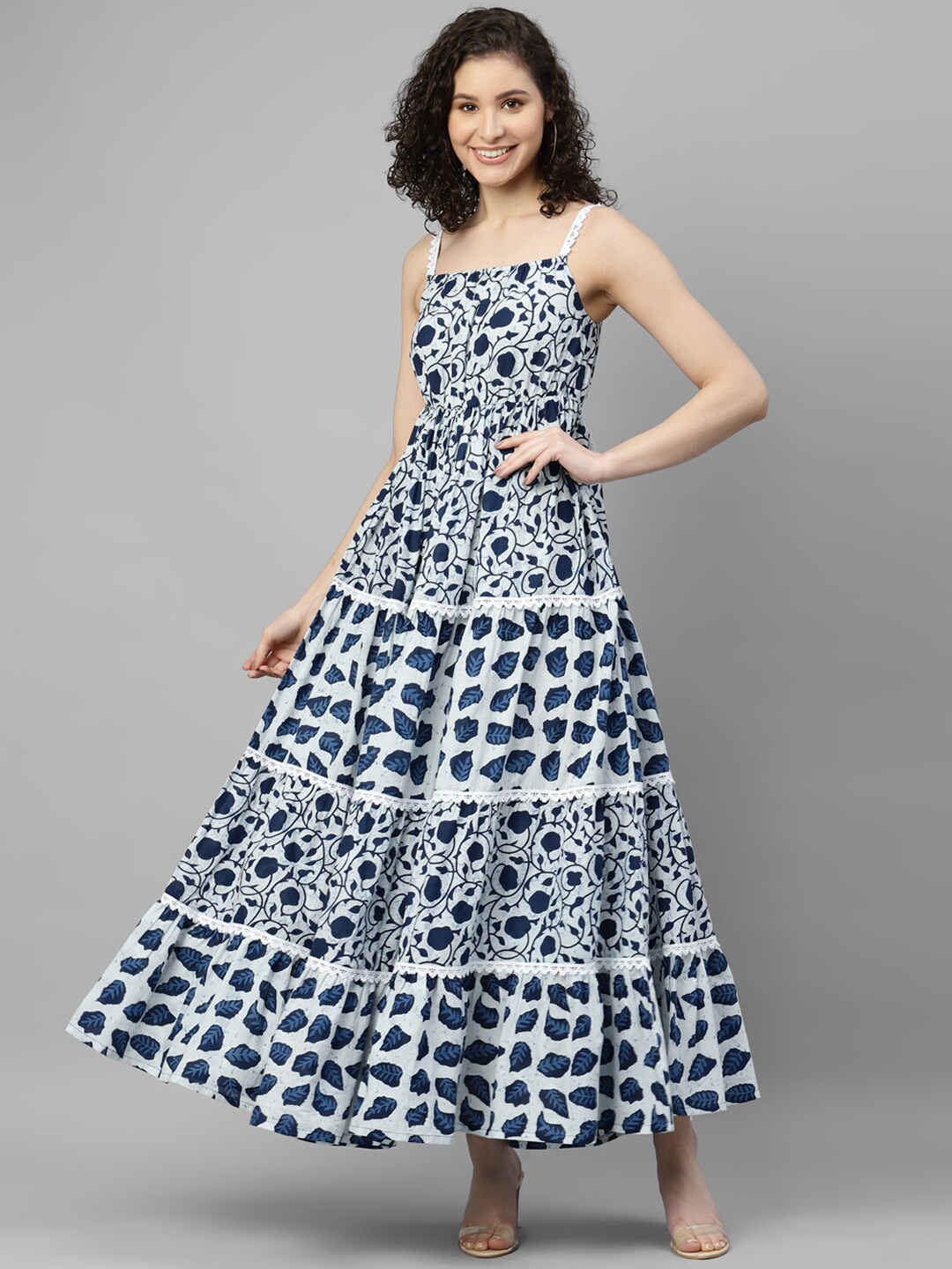 

DEEBACO Floral Printed Tiered Shoulder Straps Cotton Maxi Dress, White