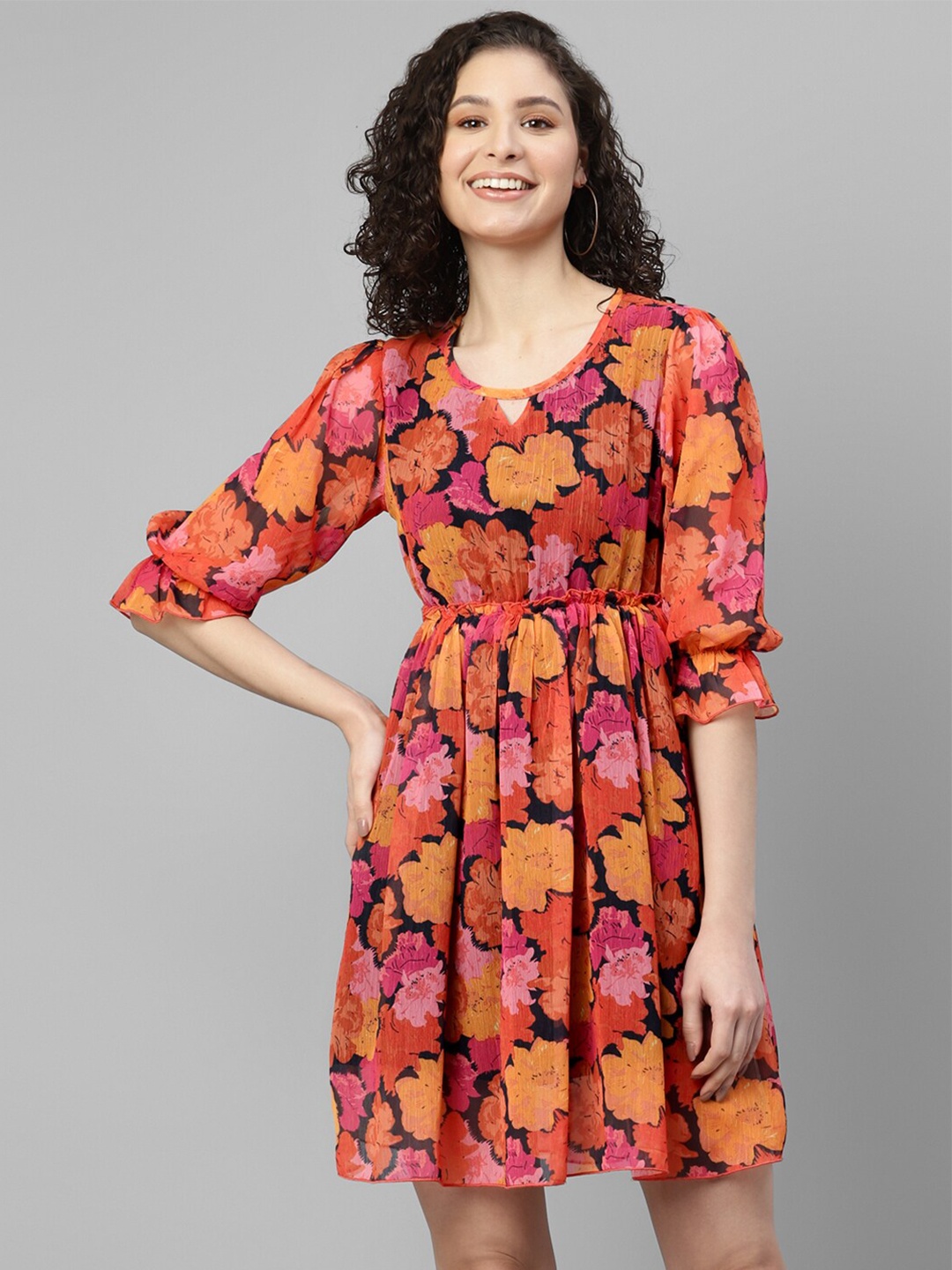 

DEEBACO Floral Printed Georgette Dress, Orange