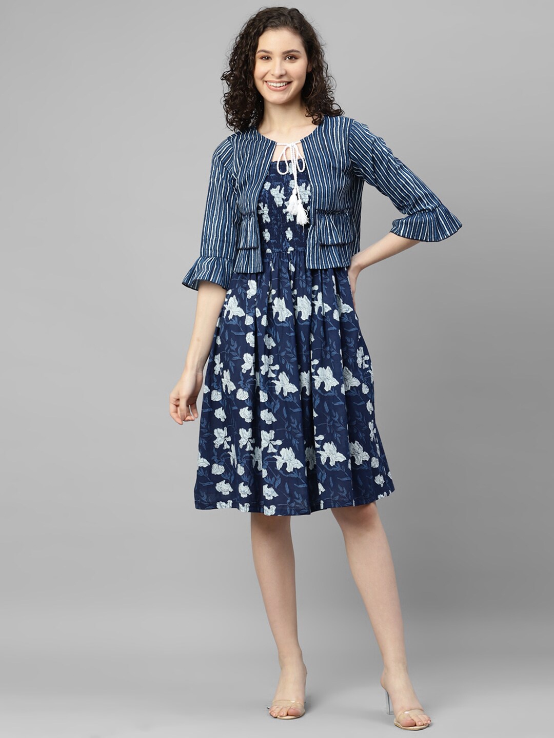 

DEEBACO Floral Printed Fit & Flare Dress With Shrug, Navy blue