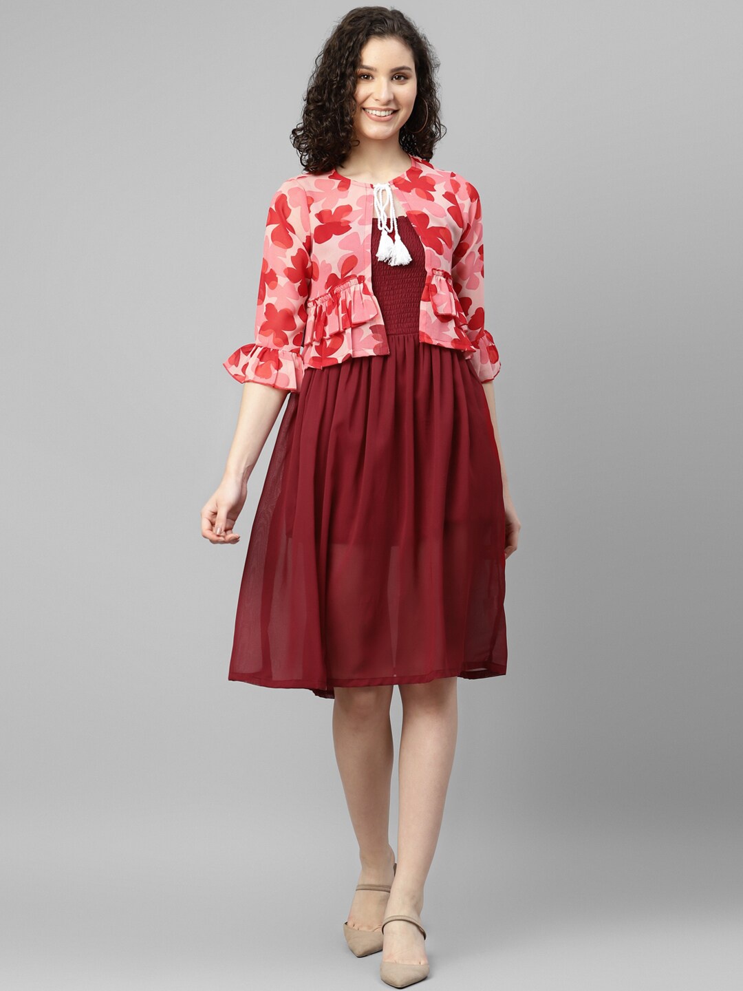 

DEEBACO Smocked Detail Georgette A-Line Dress With Floral Shrug, Maroon