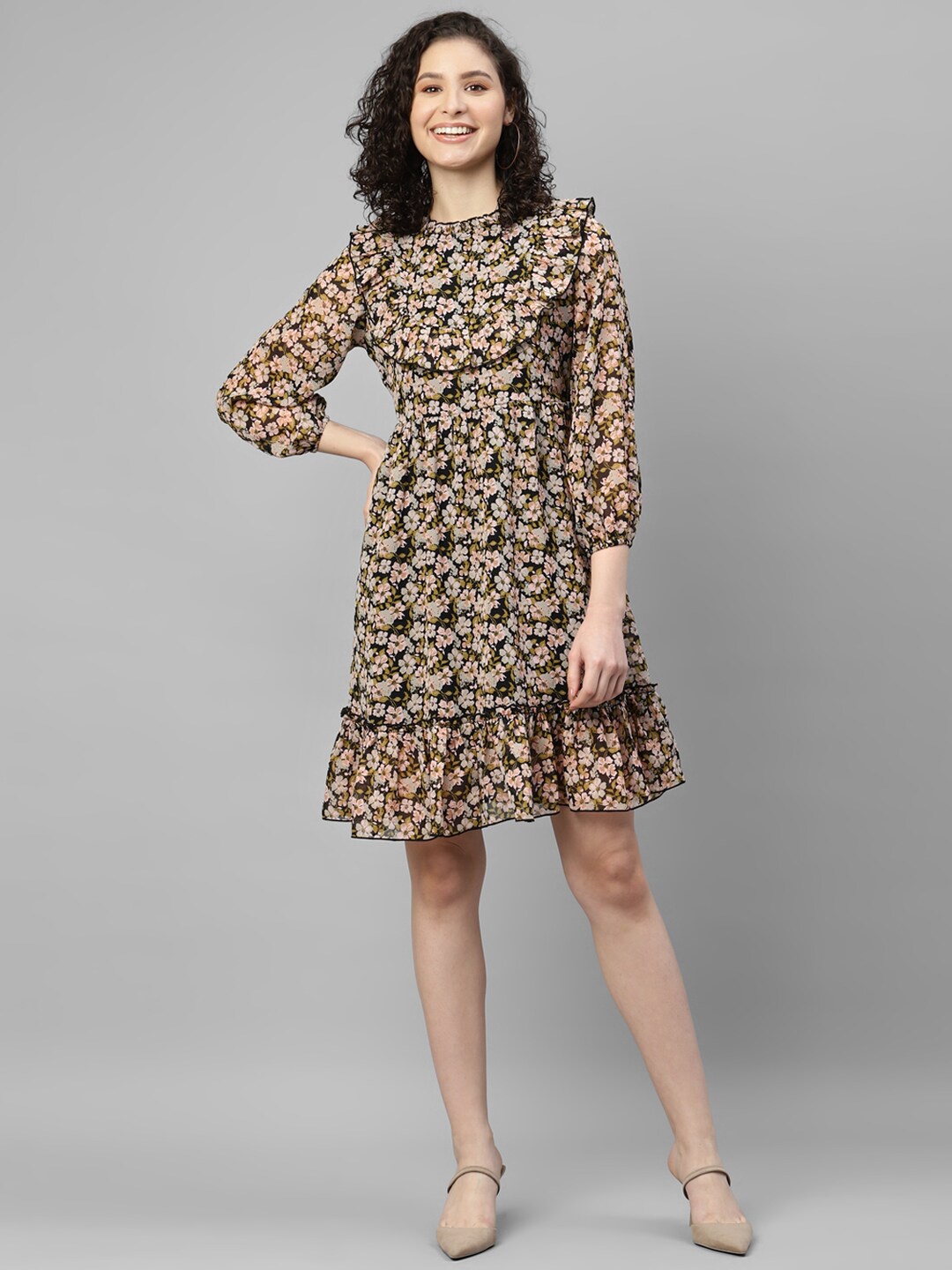 

DEEBACO Floral Printed Georgette A-Line Dress, Beige
