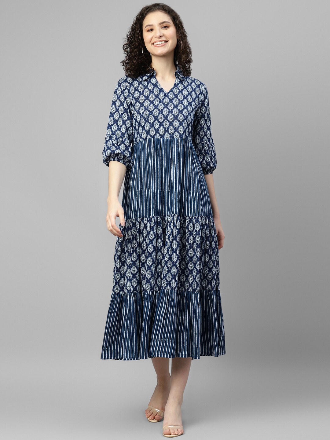

DEEBACO Ethnic Motifs Printed Cotton Midi Dress, Navy blue