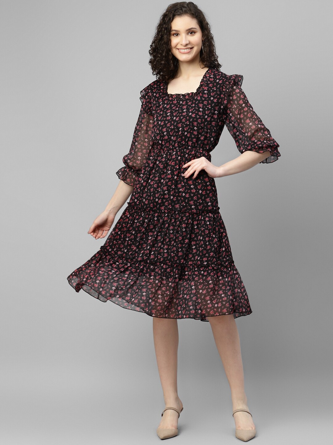 

DEEBACO Floral Printed Ruffles Georgette Dress, Black