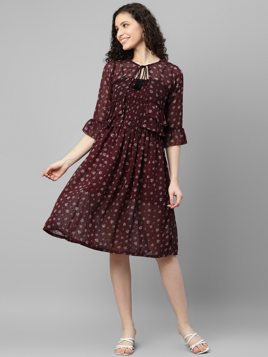 

DEEBACO Floral Printed Georgette A-Line Dress With Shrug, Maroon