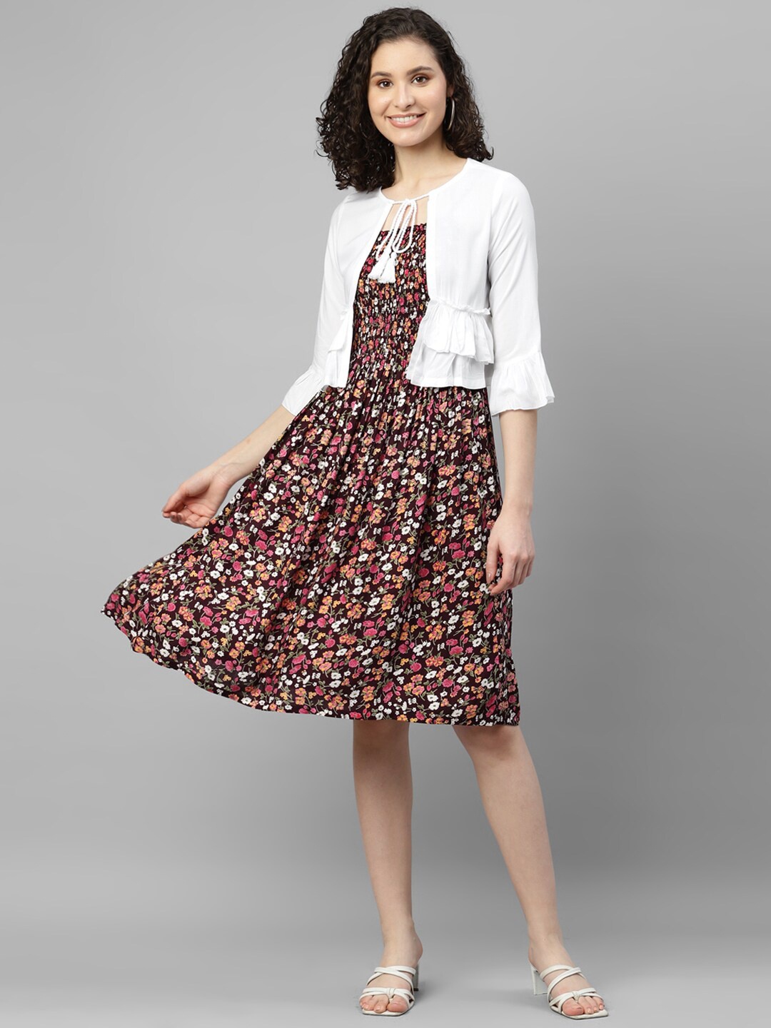 

DEEBACO Floral Printed Smoking Dress With Shrug, Maroon