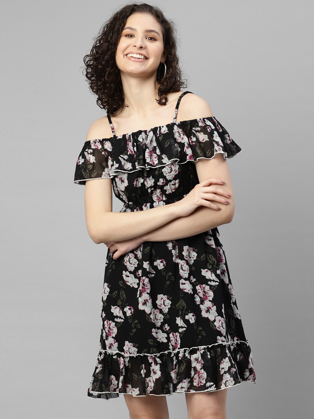 

DEEBACO Floral Printed Georgette Dress, Black