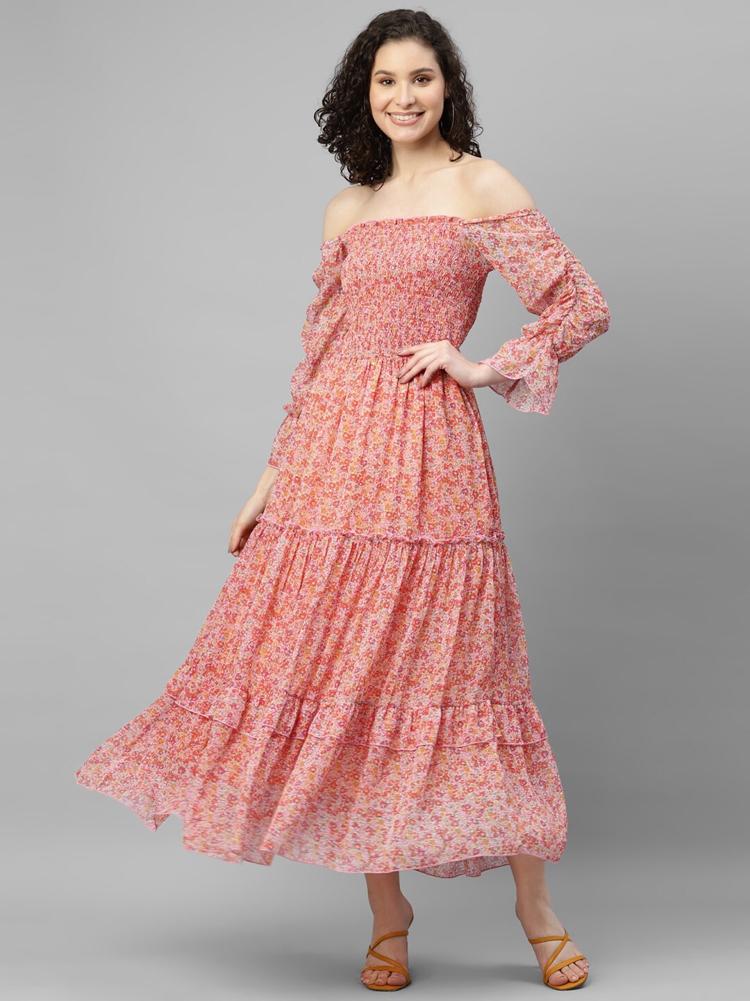 

DEEBACO Floral Off-Shoulder Georgette Maxi Dress, Orange