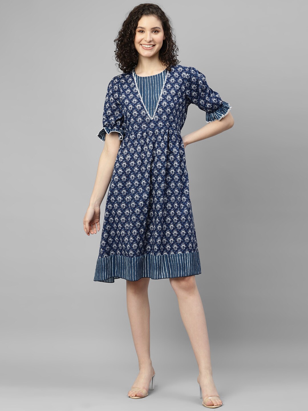 

DEEBACO Floral Printed Cotton Dress, Navy blue