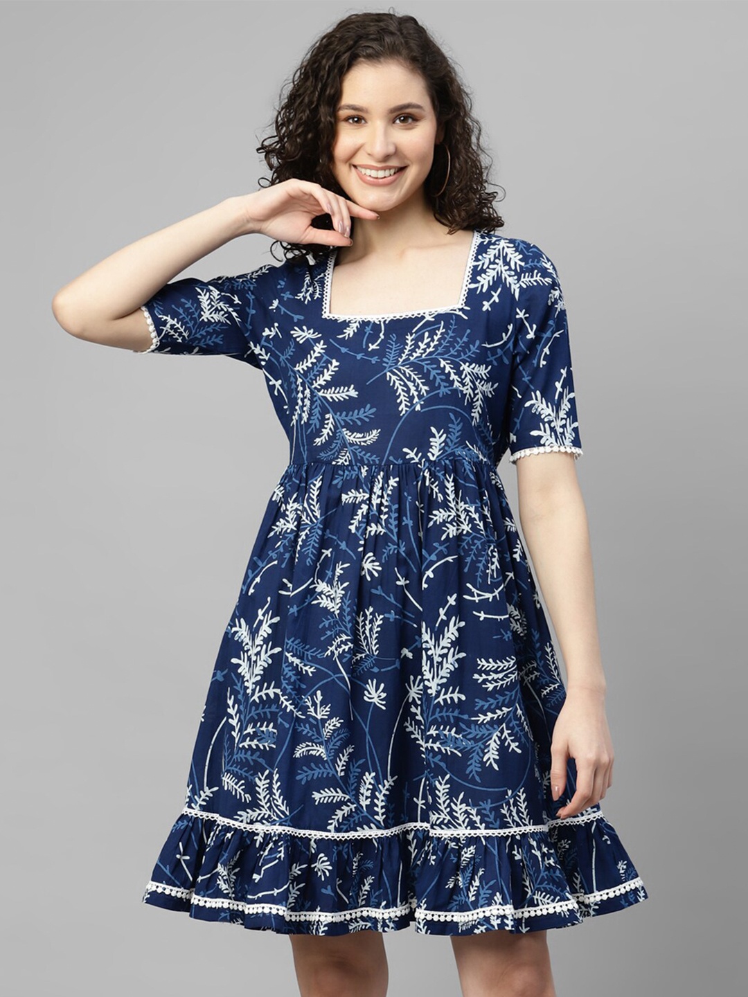 

DEEBACO Floral Printed Cotton Dress, Navy blue