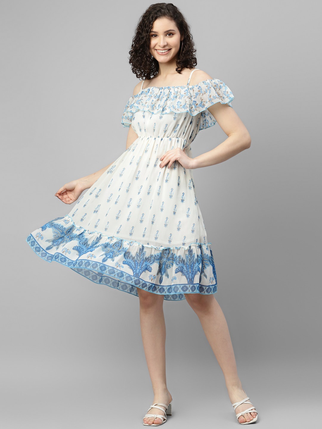 DEEBACO Floral Printed Off-Shoulder Georgette Dress, White