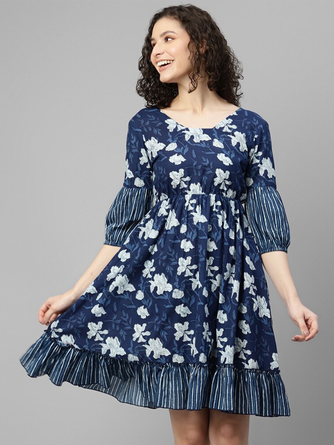 

DEEBACO Floral Printed Puff Sleeves Cotton Dress, Navy blue