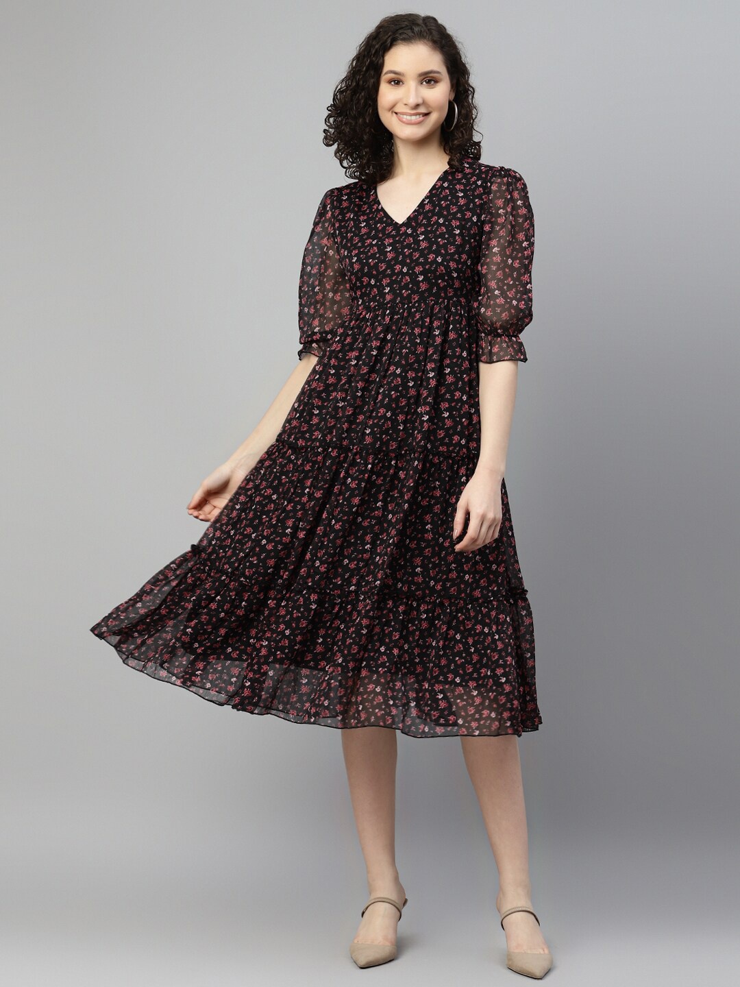 

DEEBACO V-Neck Floral Georgette Empire Midi Dress, Black