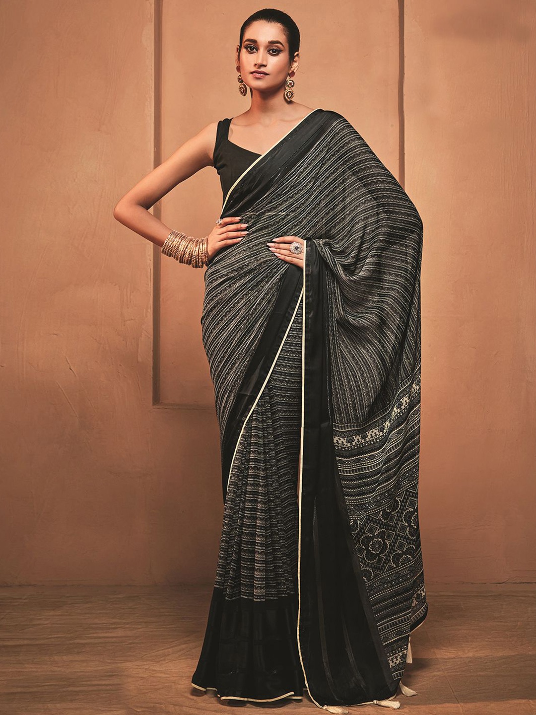 

Satrani Striped Printed Poly Georgette Saree, Black