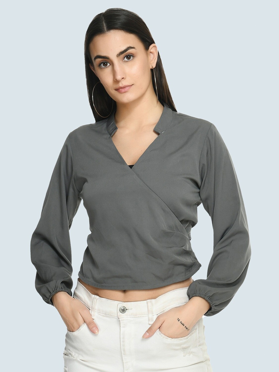 

ARPORA V-Neck Puffed Sleeves Crepe Wrap Top, Grey