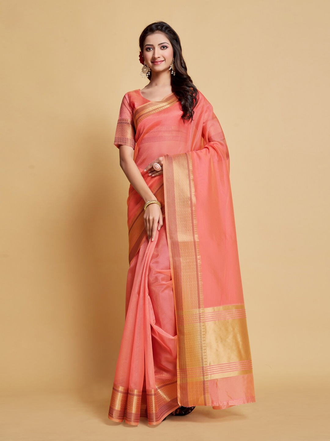 

GAJARAI Zari Organza Banarasi Saree, Pink