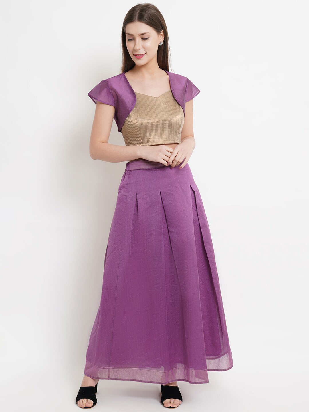 

Purple State Striped Crop Top & Skirt With Crop Shrugs