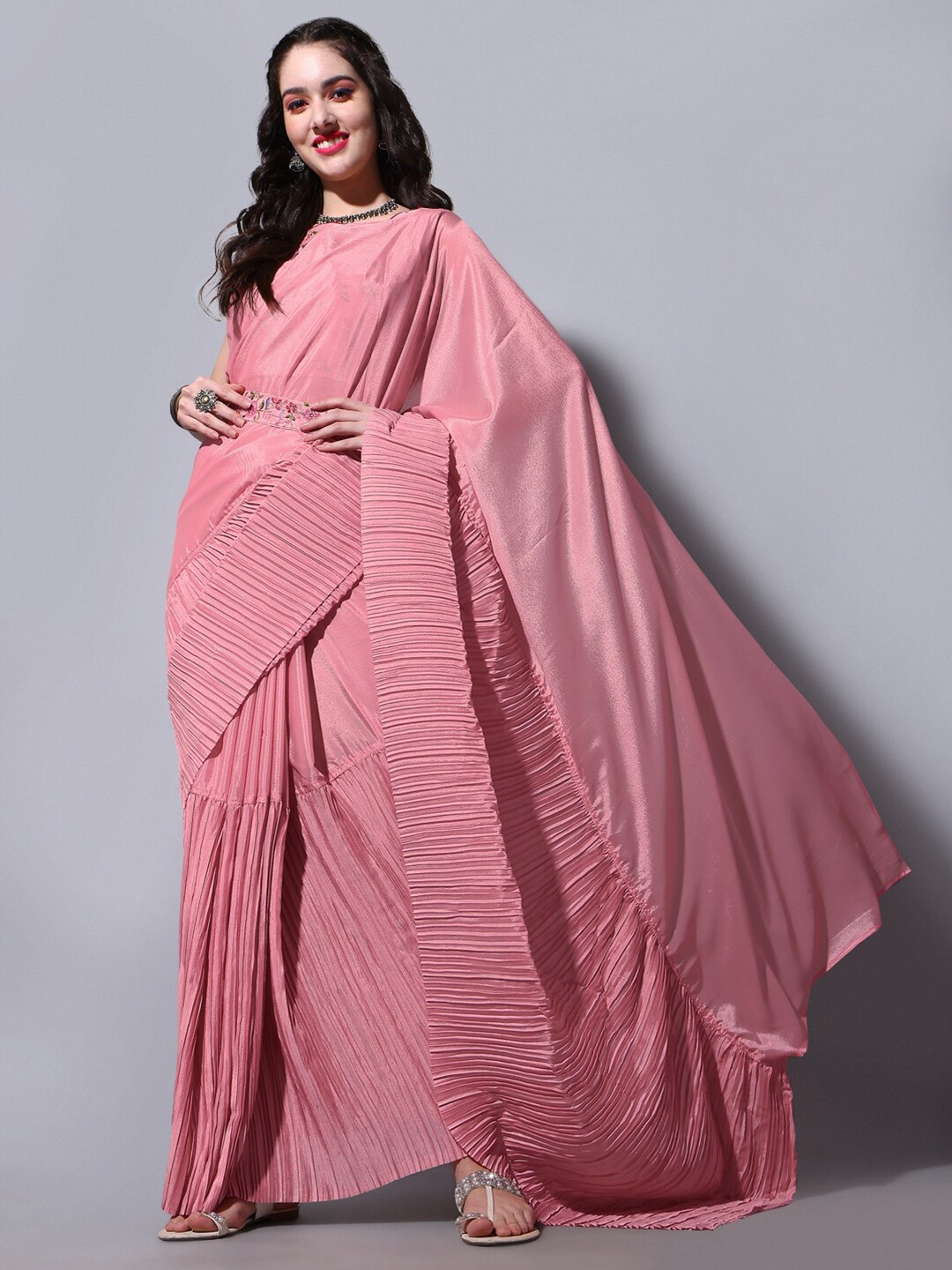 

BESUCHER Accordion Pleated Saree With Embroidered Blouse, Peach