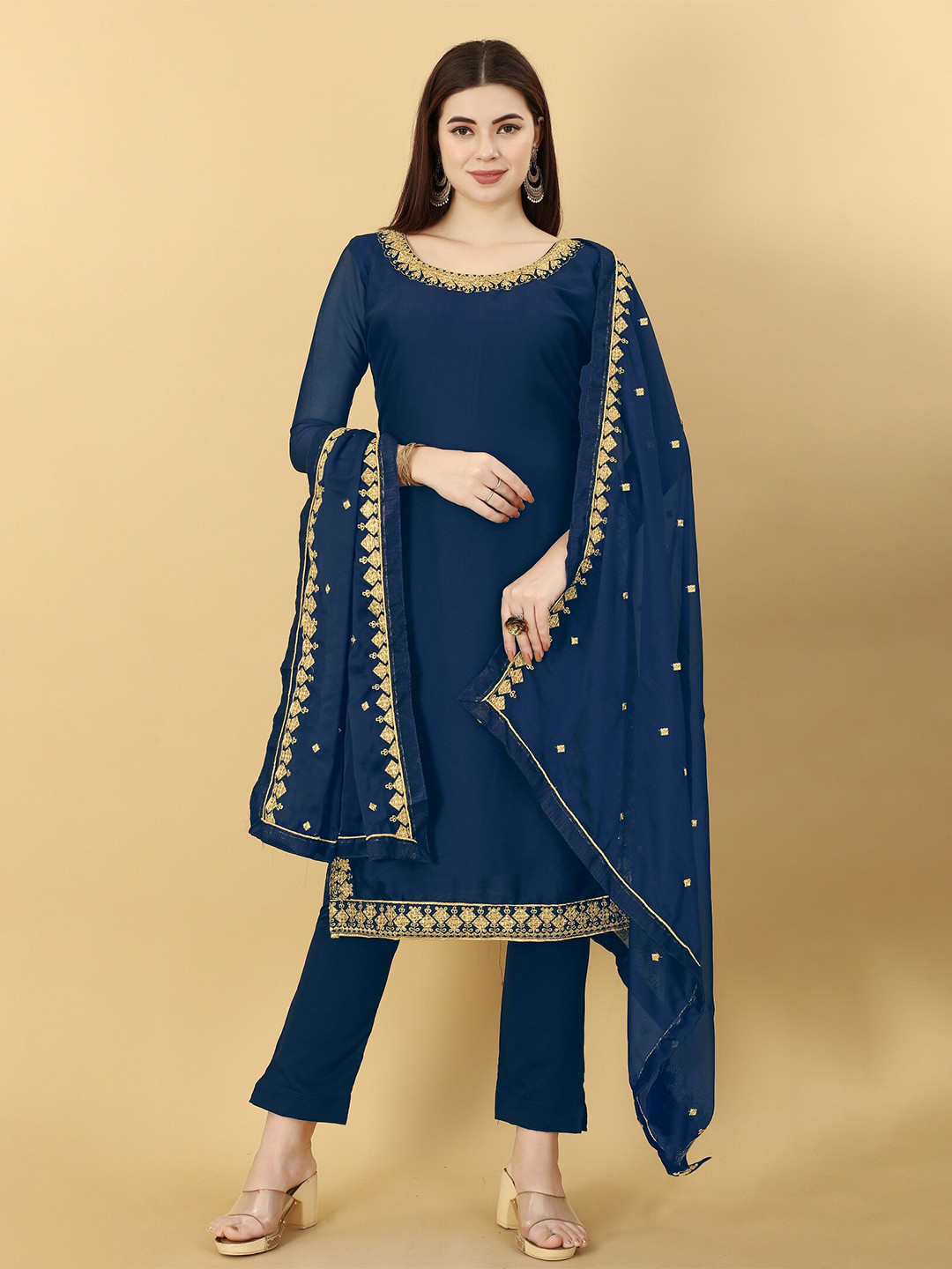 

YOYO Fashion Embroidered Pure Silk Semi-Stitched Dress Material, Blue