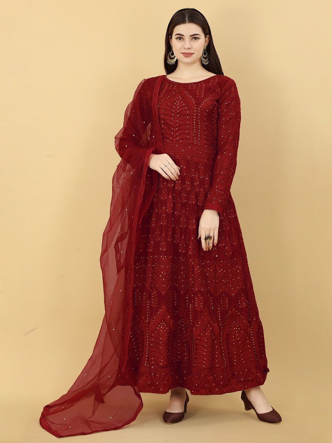 

YOYO Fashion Embroidered Semi-Stitched Dress Material, Red