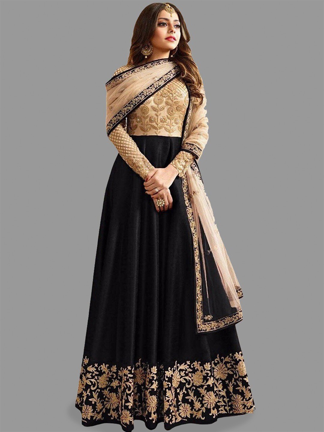 

YOYO Fashion Embroidered Pure Silk Semi-Stitched Dress Material, Black