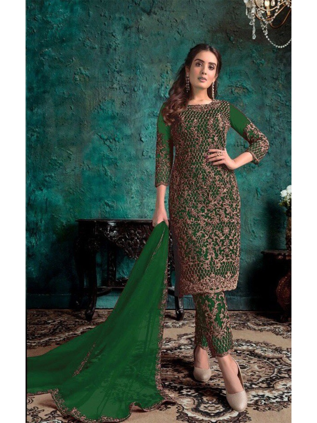

YOYO Fashion Embroidered Semi-Stitched Dress Material, Green