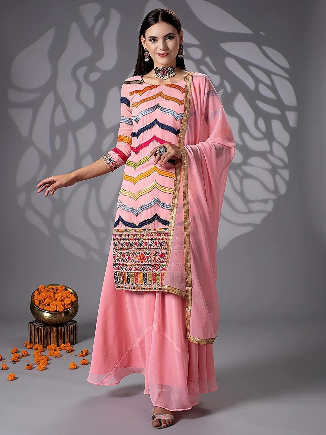 

YOYO Fashion Embroidered Semi-Stitched Dress Material, Pink