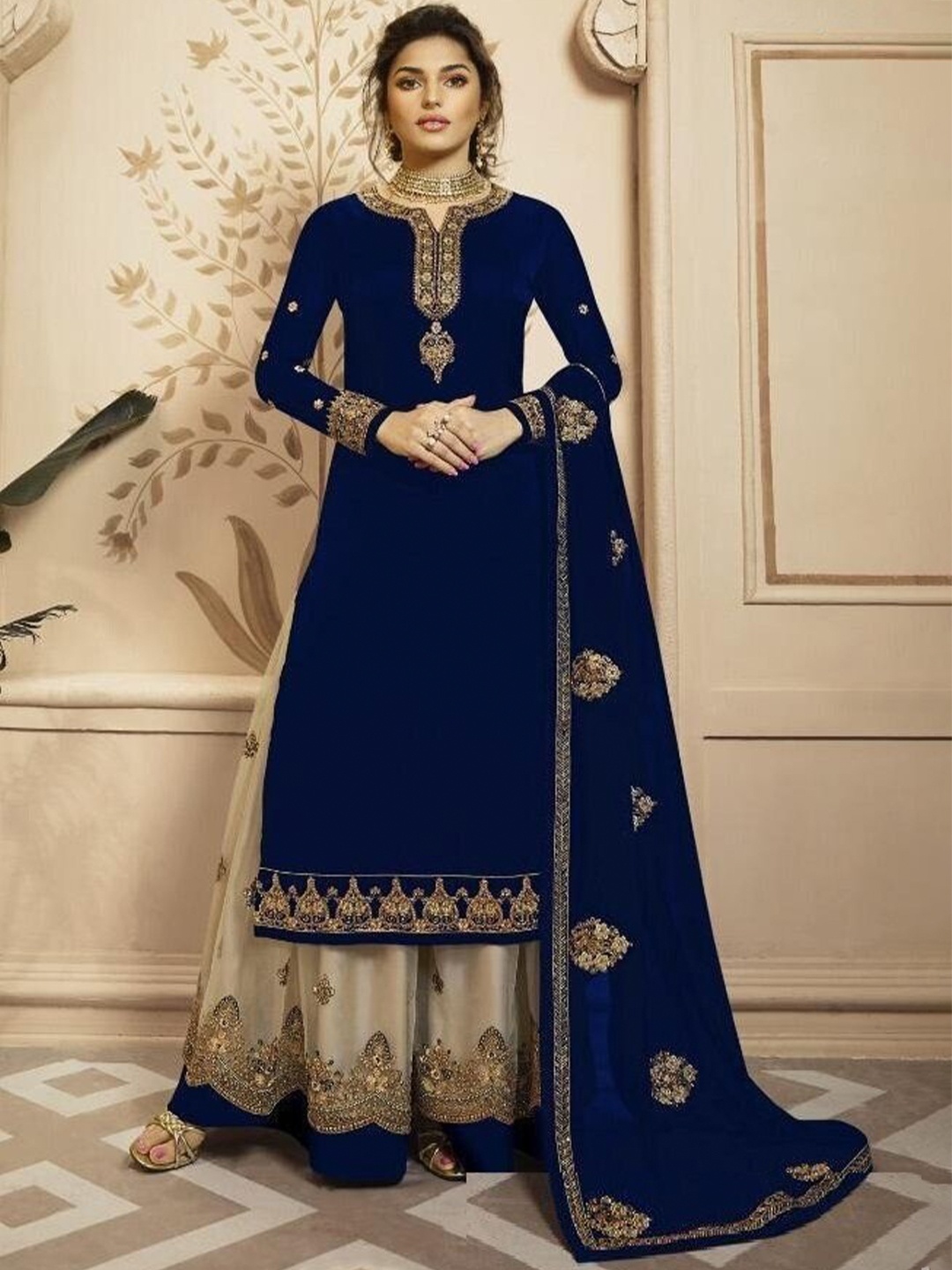 

YOYO Fashion Embroidered Satin Semi-Stitched Dress Material, Blue