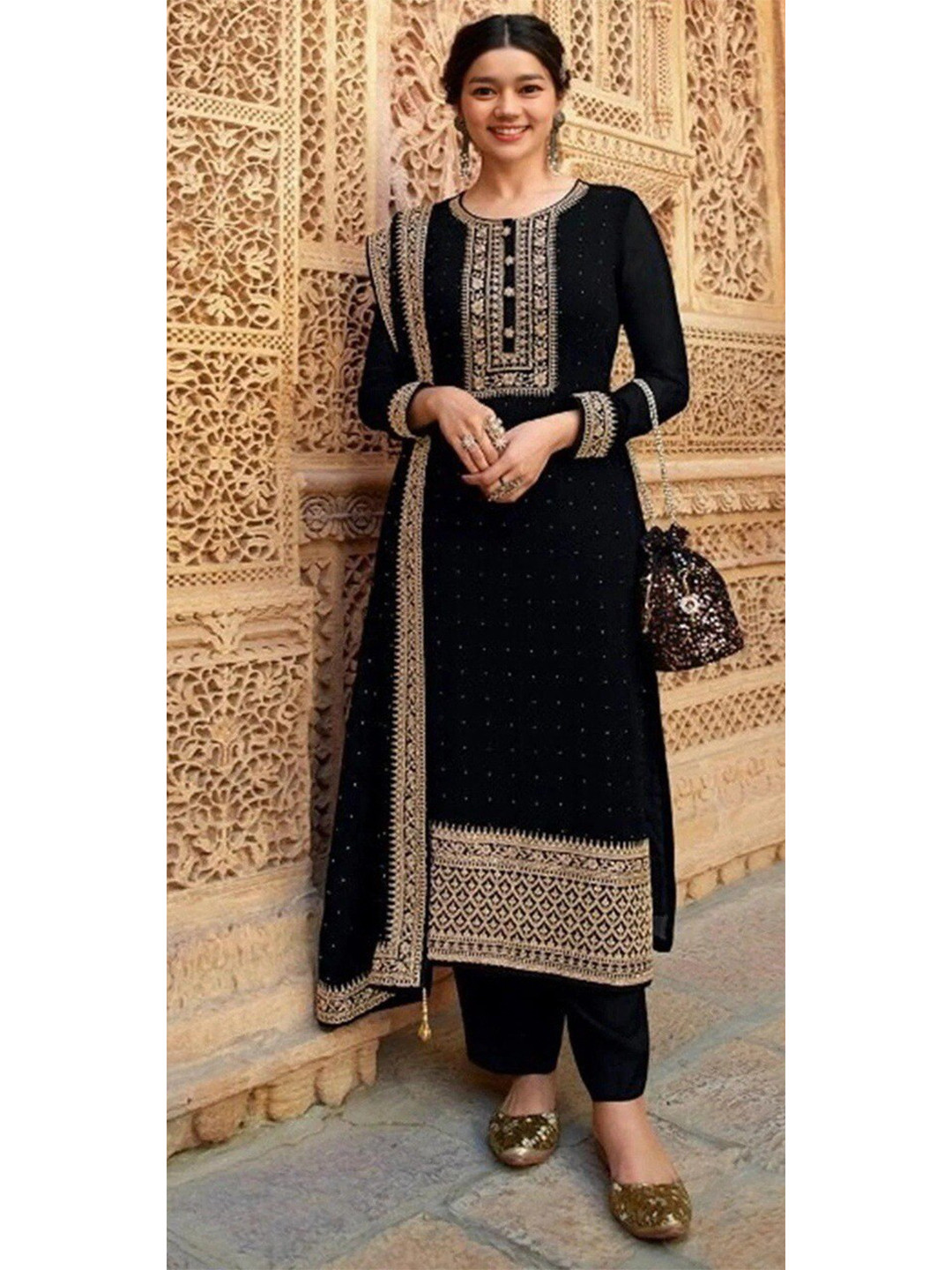 

YOYO Fashion Embroidered Semi-Stitched Dress Material, Black