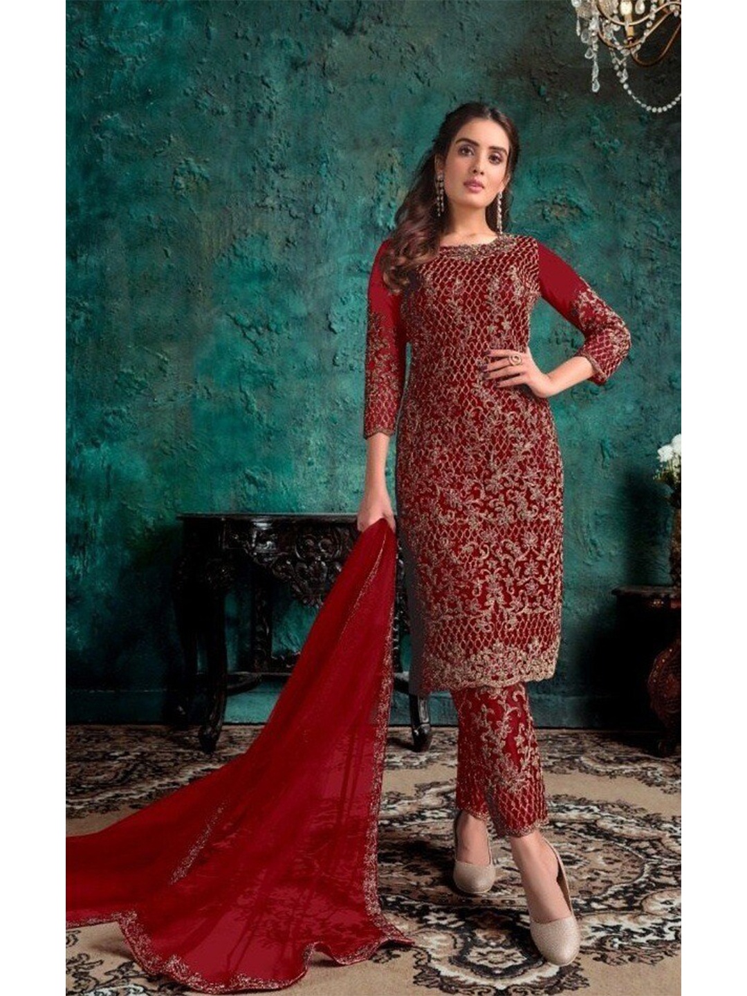

YOYO Fashion Embroidered Semi-Stitched Dress Material, Maroon