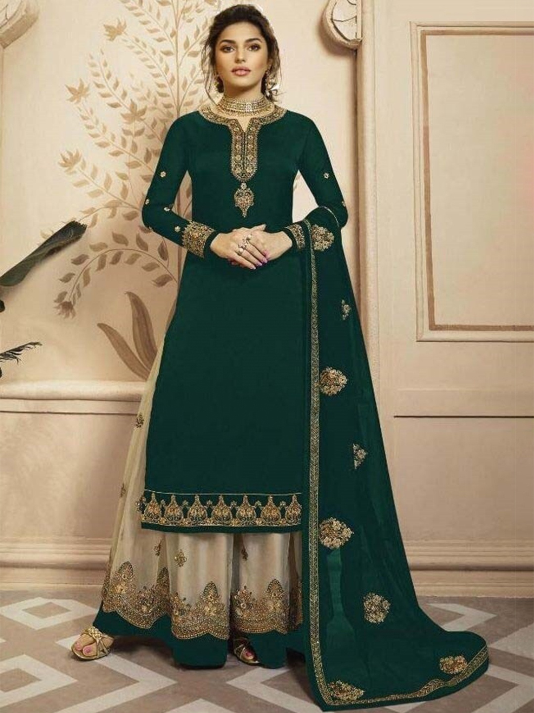 

YOYO Fashion Embroidered Satin Semi-Stitched Dress Material, Green