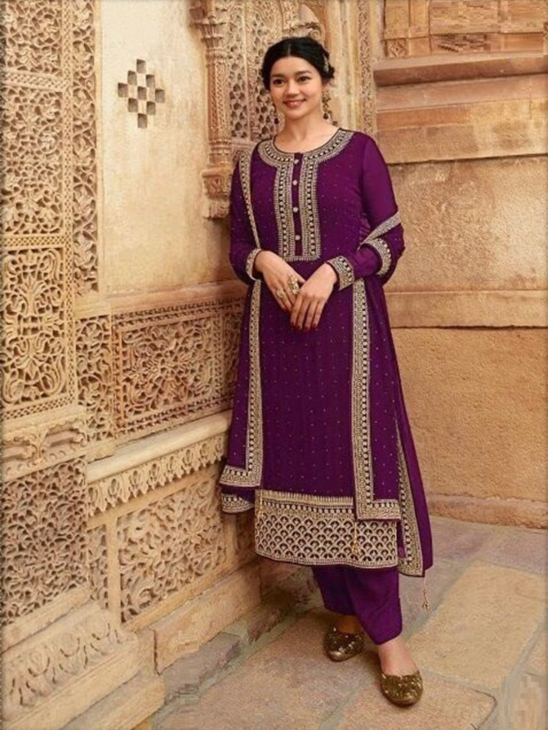 

YOYO Fashion Embroidered Semi-Stitched Dress Material, Purple