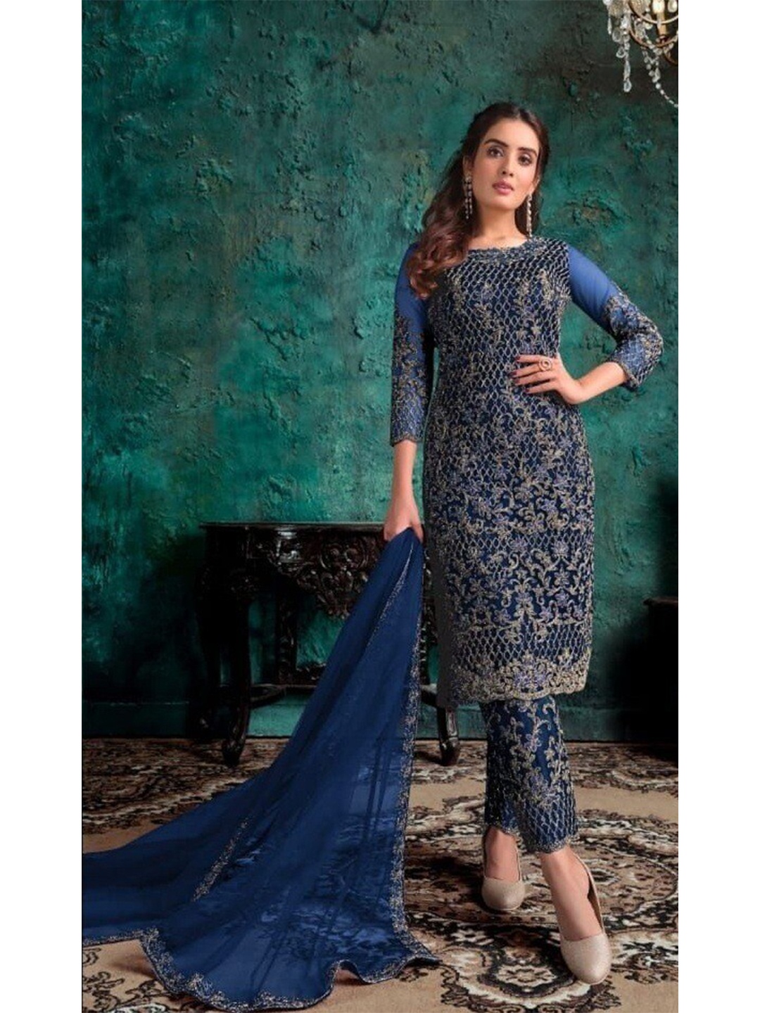 

YOYO Fashion Embroidered Semi-Stitched Dress Material, Blue