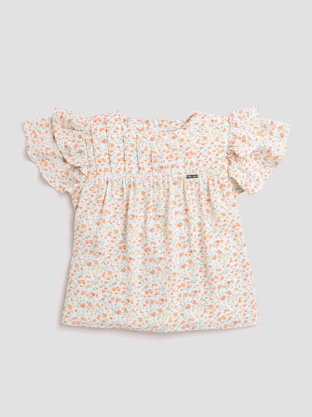 

Tiny Girl Round Neck Flutter Sleeves Floral Printed Top, Orange