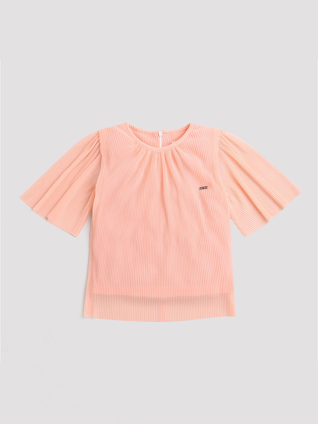 

Tiny Girl Gathered Flared Sleeves Vertical Striped Top, Peach