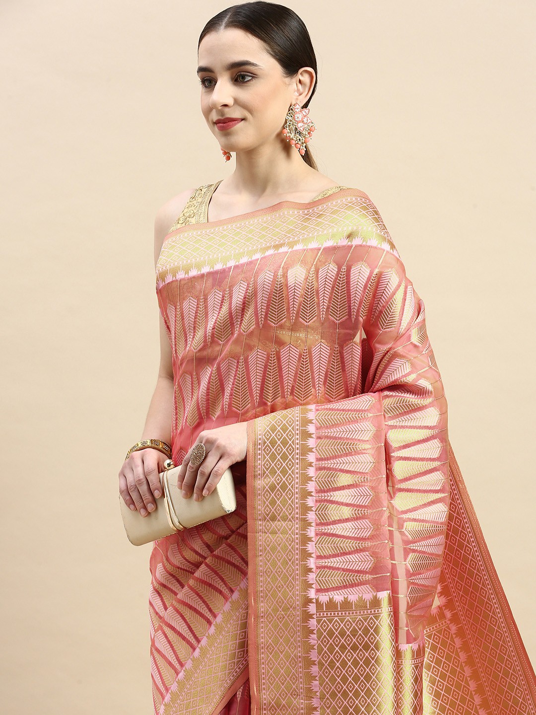 

VASTRANAND Geometric Zari Organza Banarasi Saree, Pink
