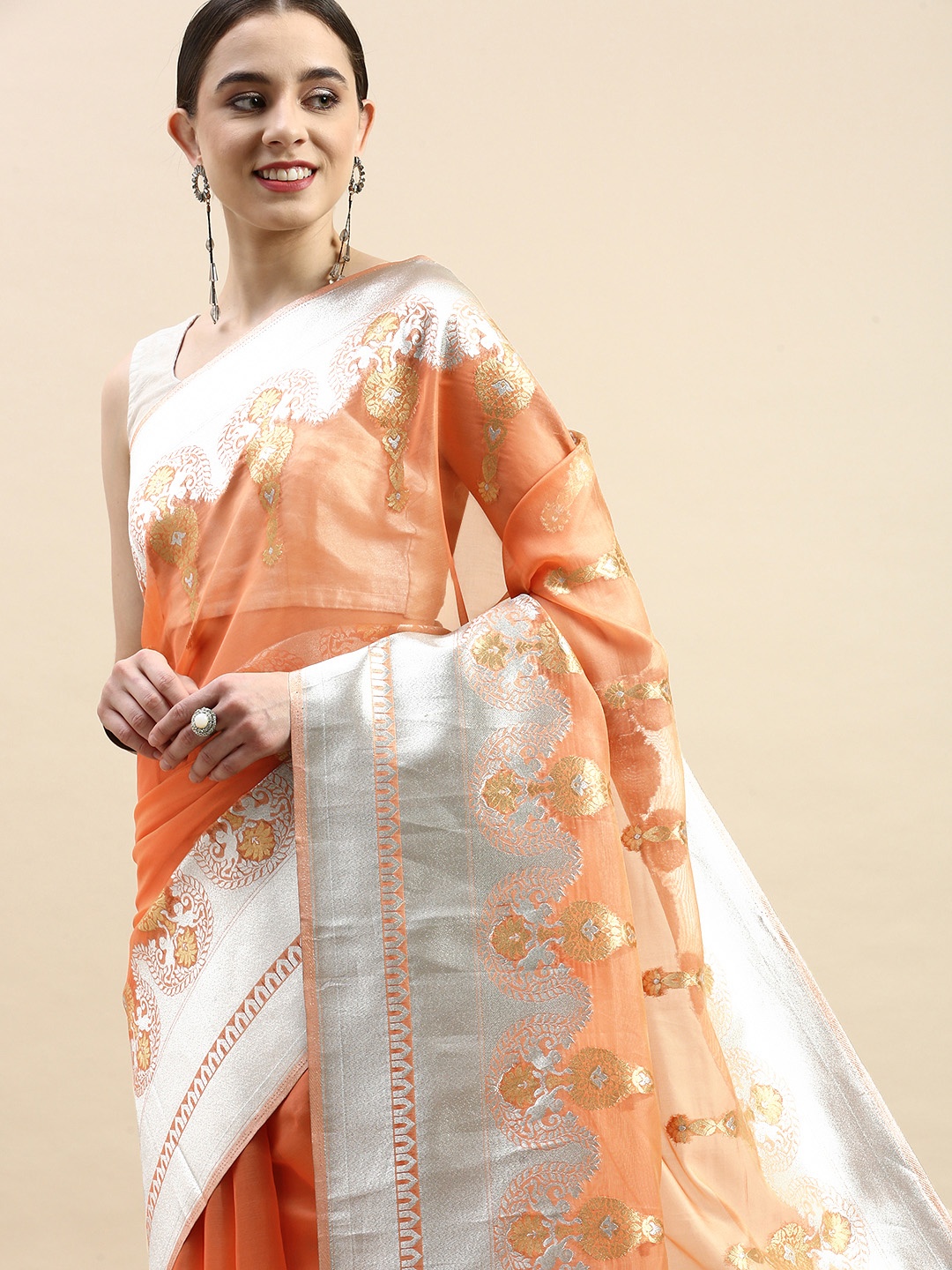 

VASTRANAND Ethnic Motifs Zari Organza Banarasi Saree, Orange