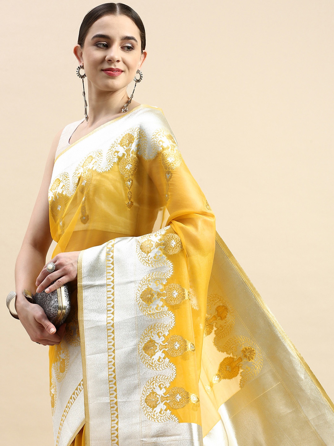 

VASTRANAND Ethnic Motifs Zari Organza Banarasi Saree, Yellow