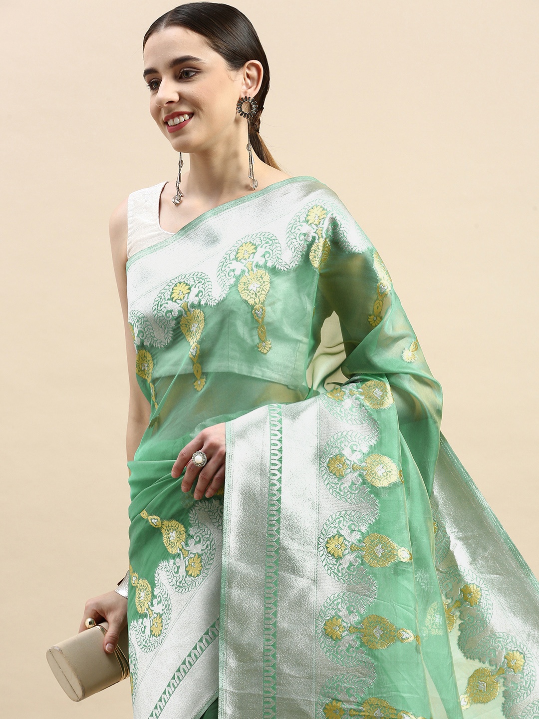 

VASTRANAND Ethnic Motifs Zari Organza Banarasi Saree, Green