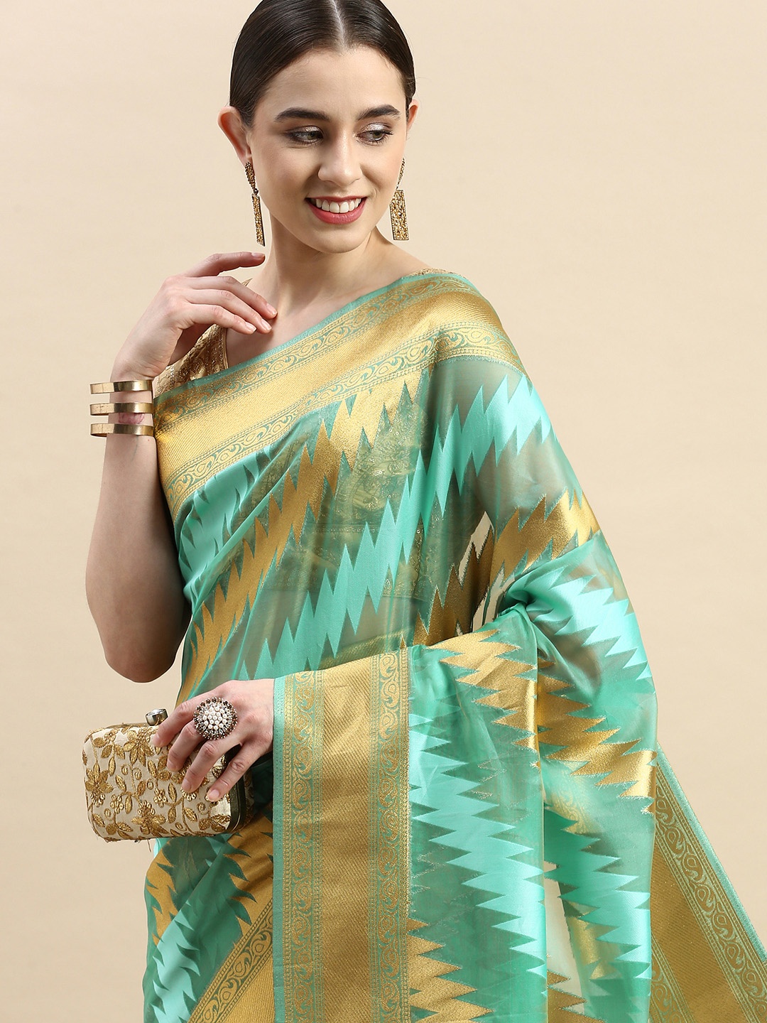 

VASTRANAND Geometric Zari Organza Banarasi Saree, Blue