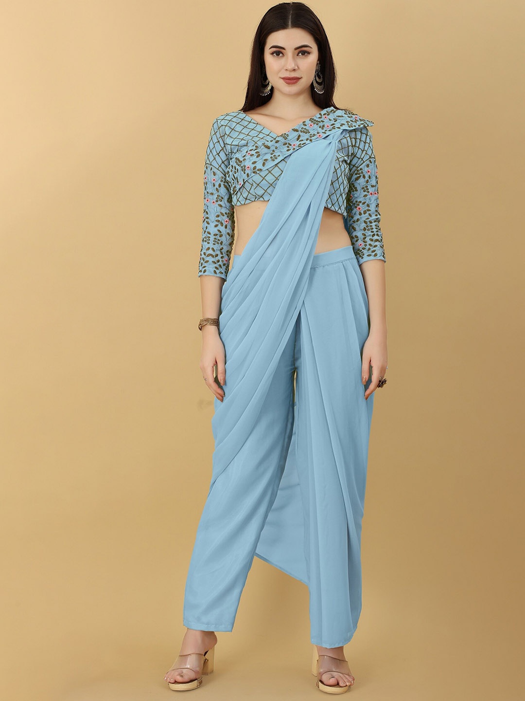 

Fashionuma Poly Georgette Pant Saree With Embroidered Blouse, Blue